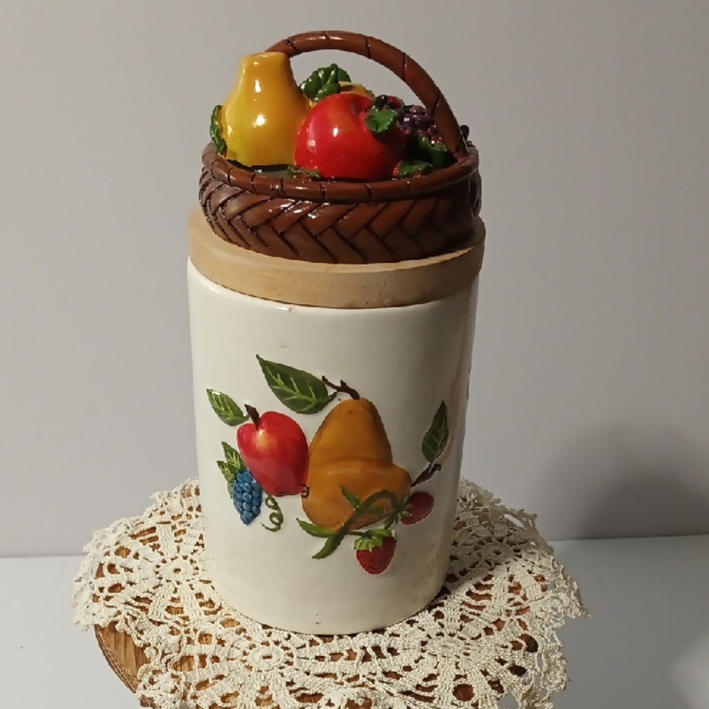 Fruit-Themed Ceramic Canister 8 Inches Tall And 4 Inches Wide